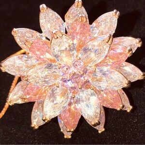 Rhinestone Ring - Eye Candy Blush Pink & White Flower, Adjustable, Gold Tone NWT